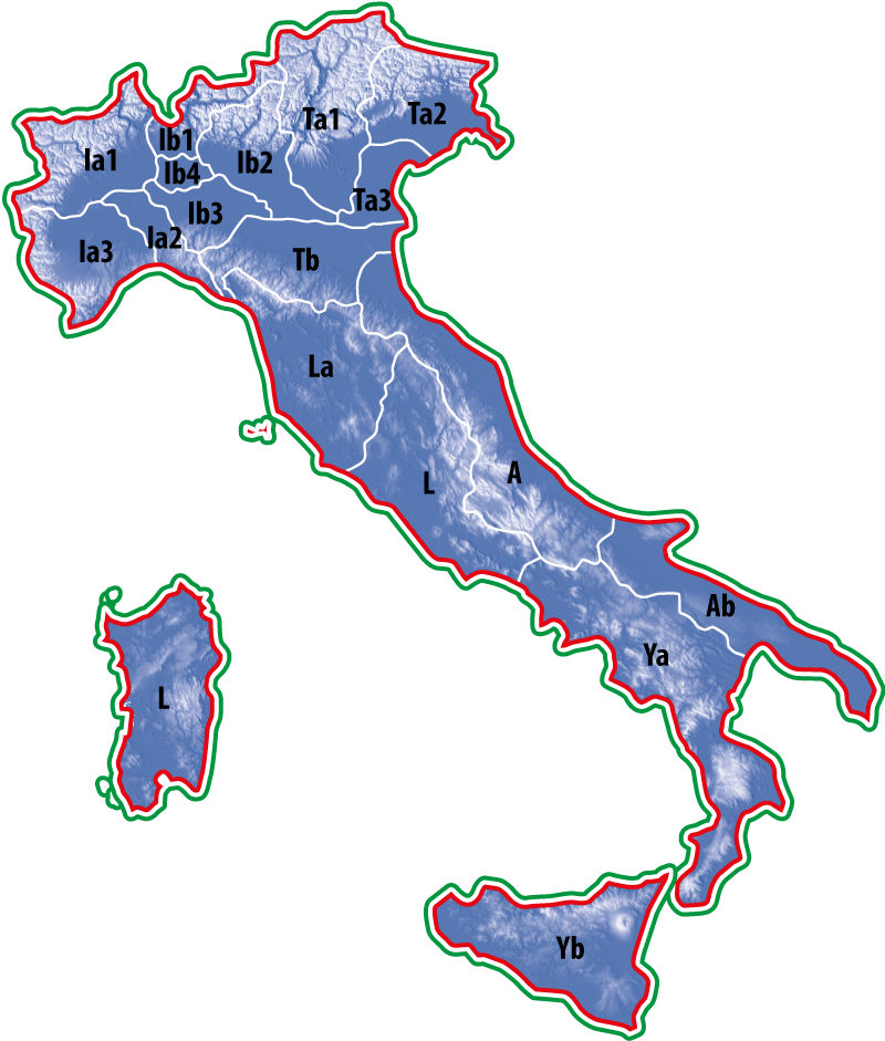 Cartina ufficiale del Multidistretto 108 Italy con i 17 Distretti Lions italiani; il Distretto 108AB (Puglia) è colorato in oro