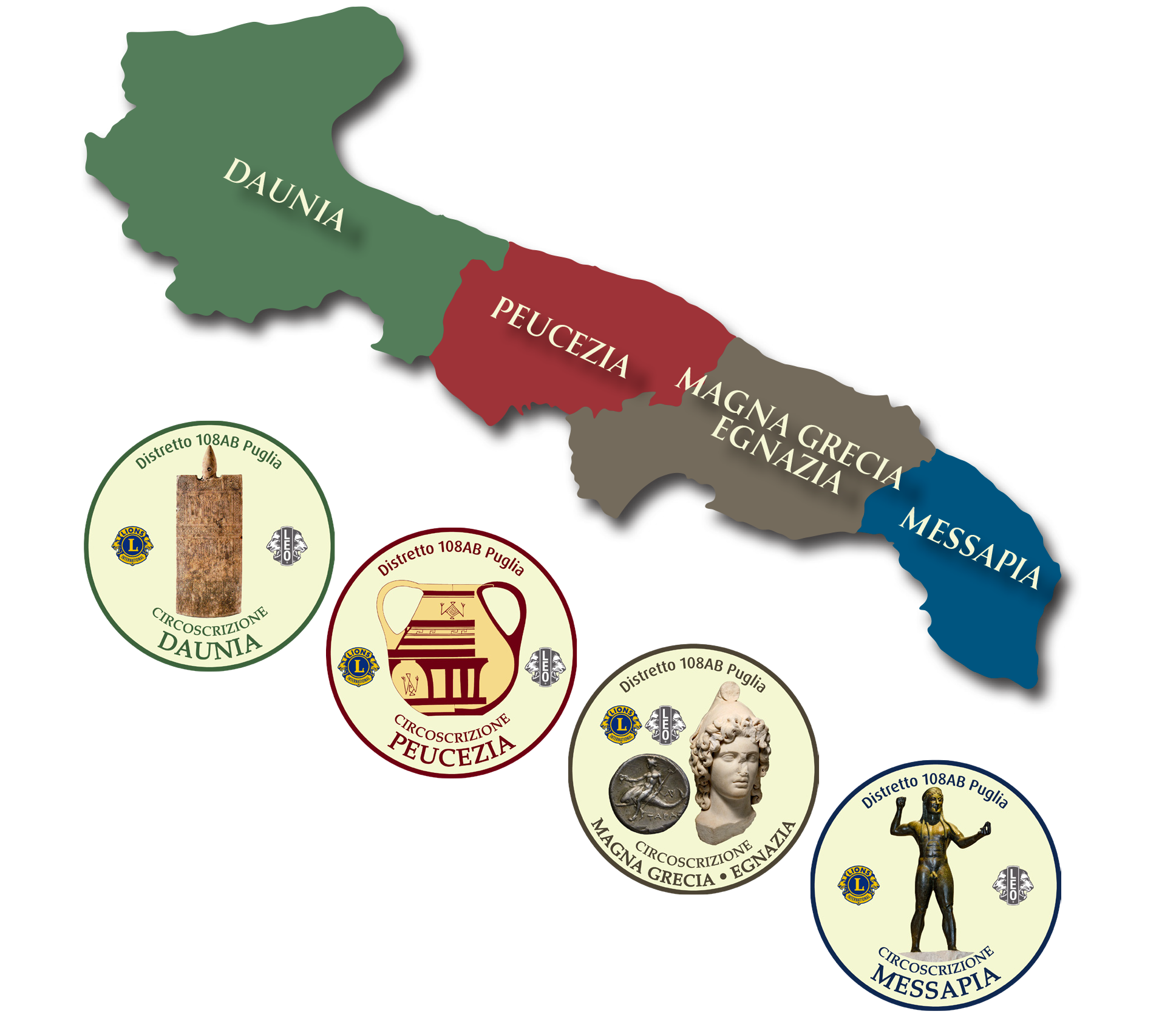 Grafica ufficiale del Distretto Lions 108AB Puglia: la cartina della regione suddivisa nelle quattro circoscrizioni Daunia, Peucezia, Magna Grecia–Egnazia e Messapia, affiancata dai rispettivi loghi ufficiali.